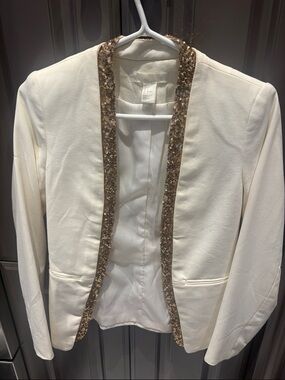 H&M White Open-Front Blazer with Gold Sequin Trim
